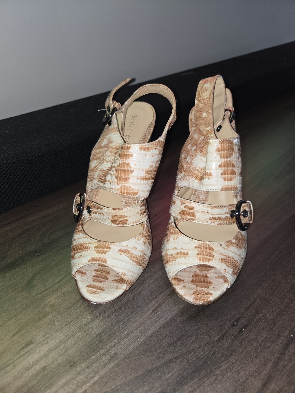 Beige and White Patterned Slingback Heels
